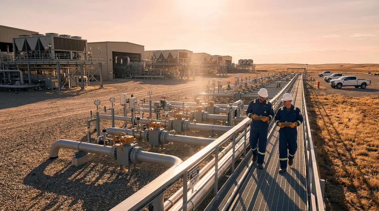 Two field team members in hard hats and FR coveralls walking a facility catwalk past a gathering manifold at sunrise, compressor building and field truck behind