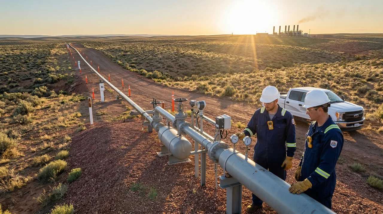 Two field team members in hard hats and FR coveralls taking pressure readings at a gathering line at sunrise, field truck parked on the lease road behind them