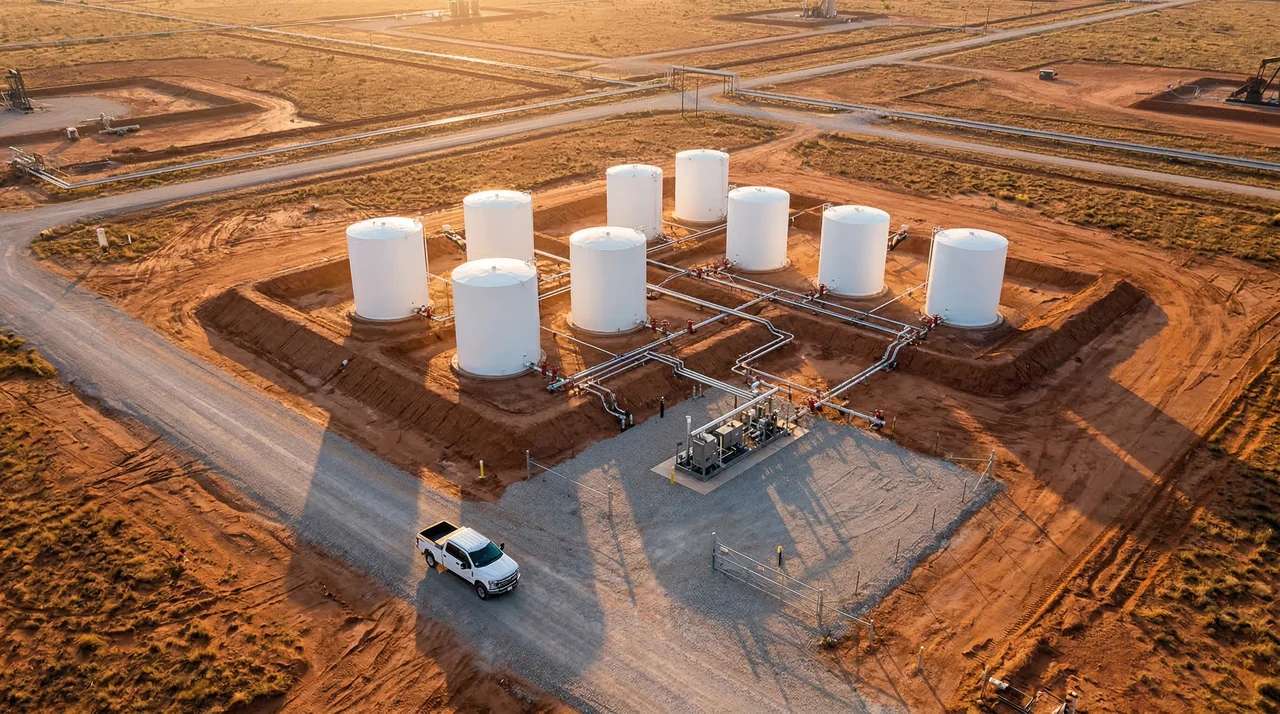 Aerial view of a tank battery with eight storage tanks inside a lined berm, a single field truck on the access road at sunrise