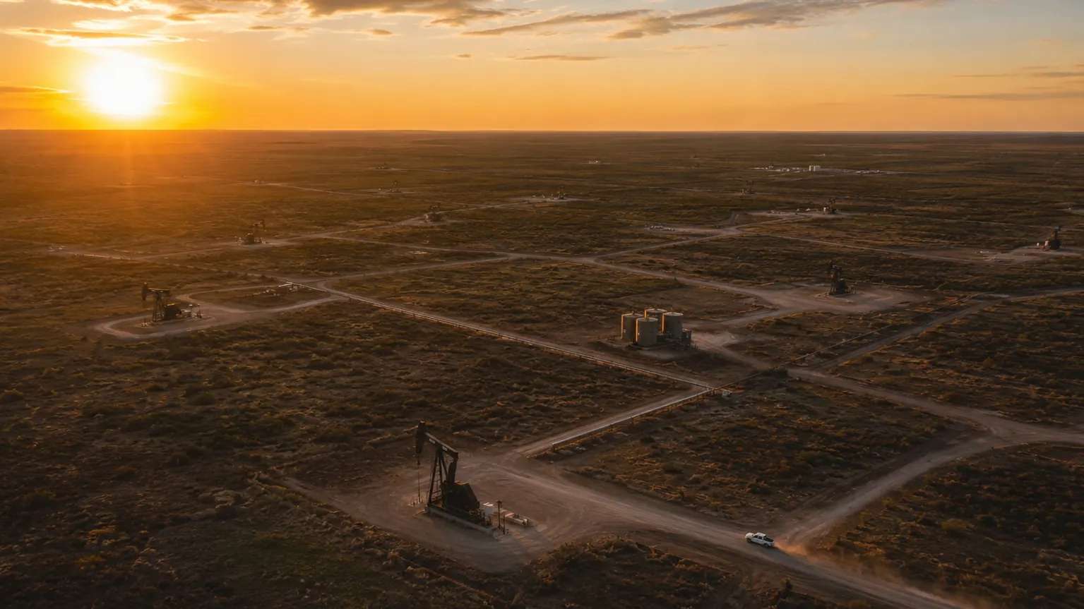 Aerial view at sunrise of a producing field: pumping units, a tank battery, a gathering line, and a grid of lease roads with one field truck moving between sites