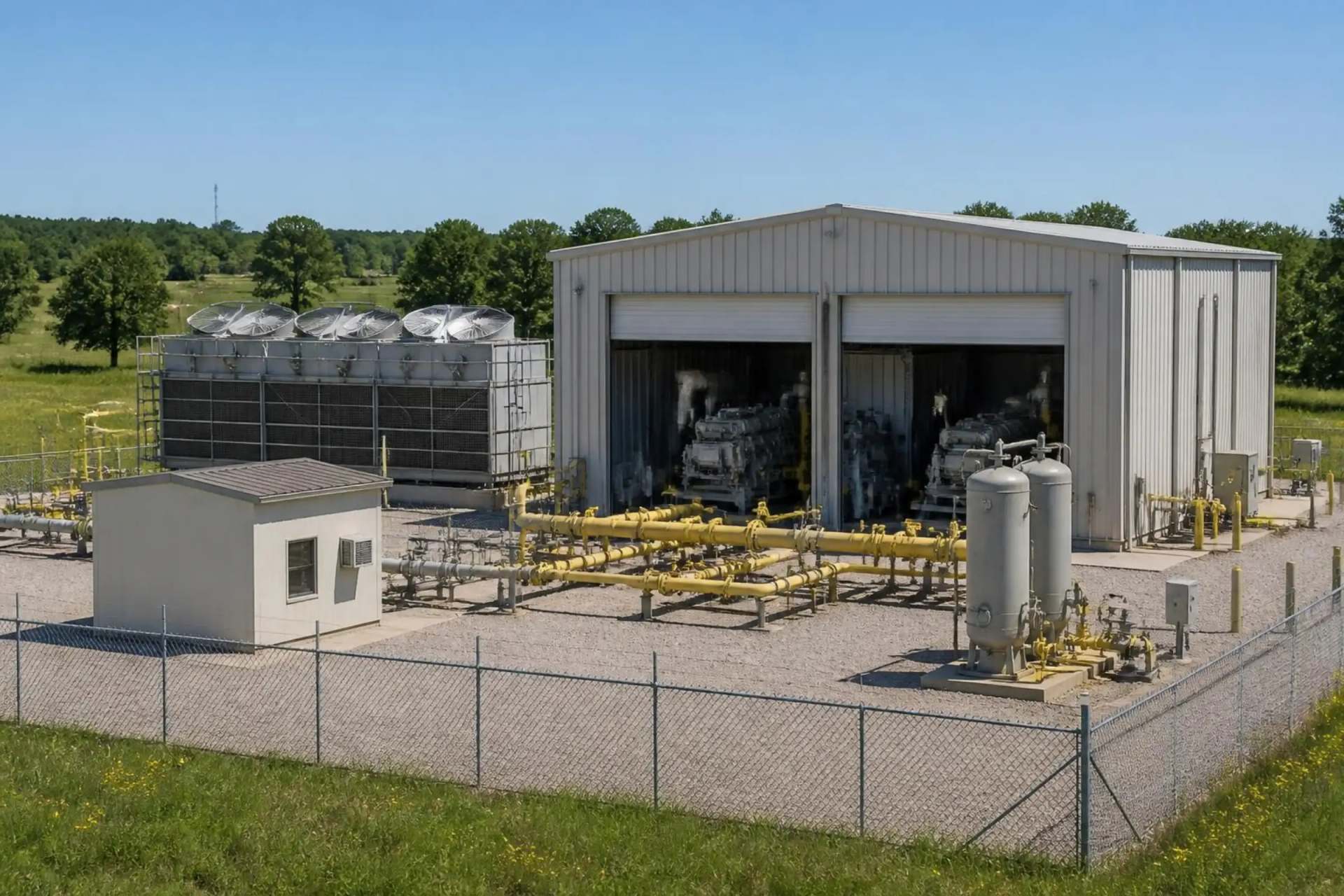 A fenced compressor station on gravel: a two-bay metal building with reciprocating units inside, a bank of aerial coolers, two vertical scrubbers, a small control building and yellow-painted gas piping