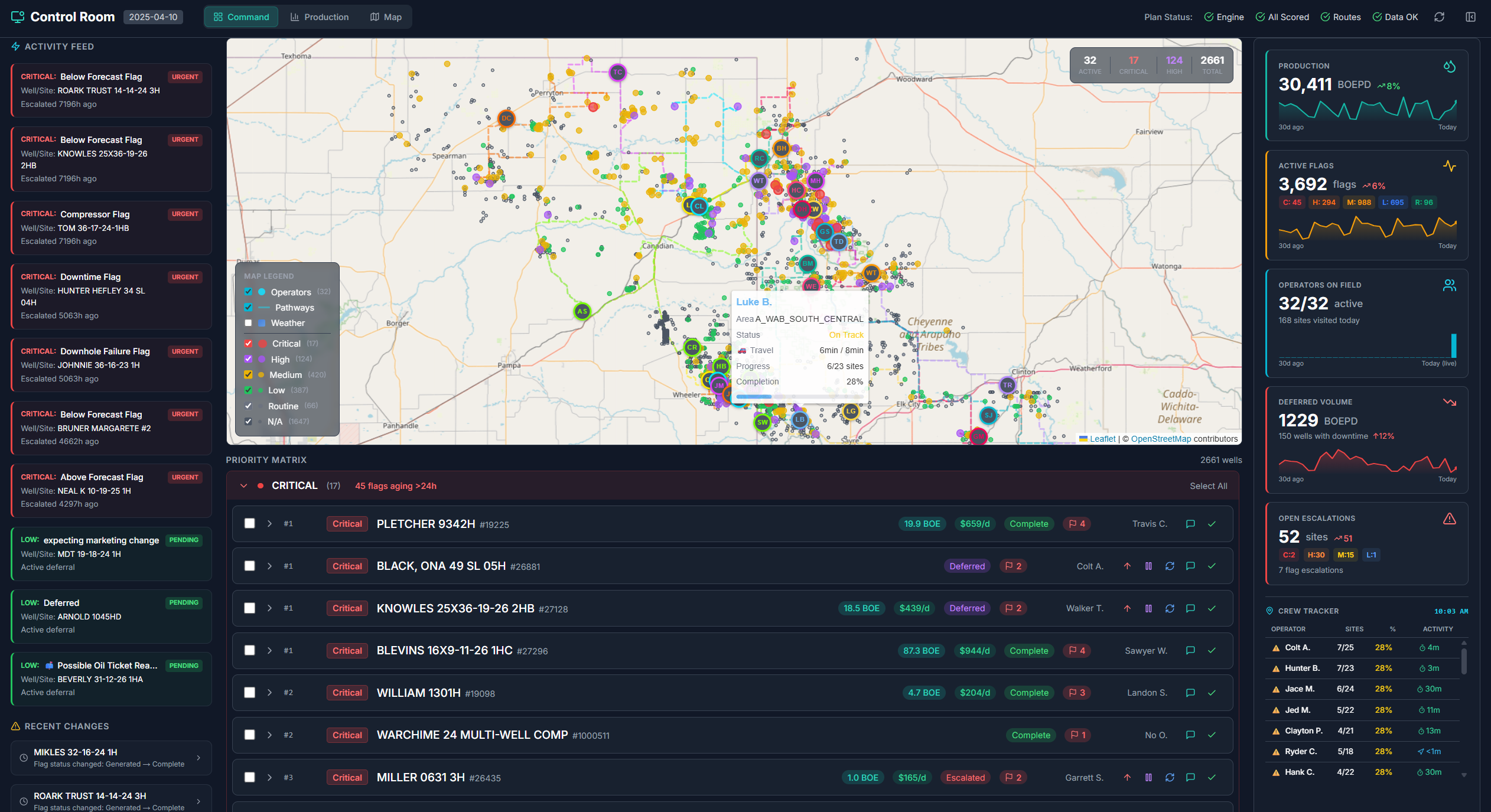 OPS Control Room dashboard showing real-time operational intelligence with geospatial map, activity feed, and key metrics