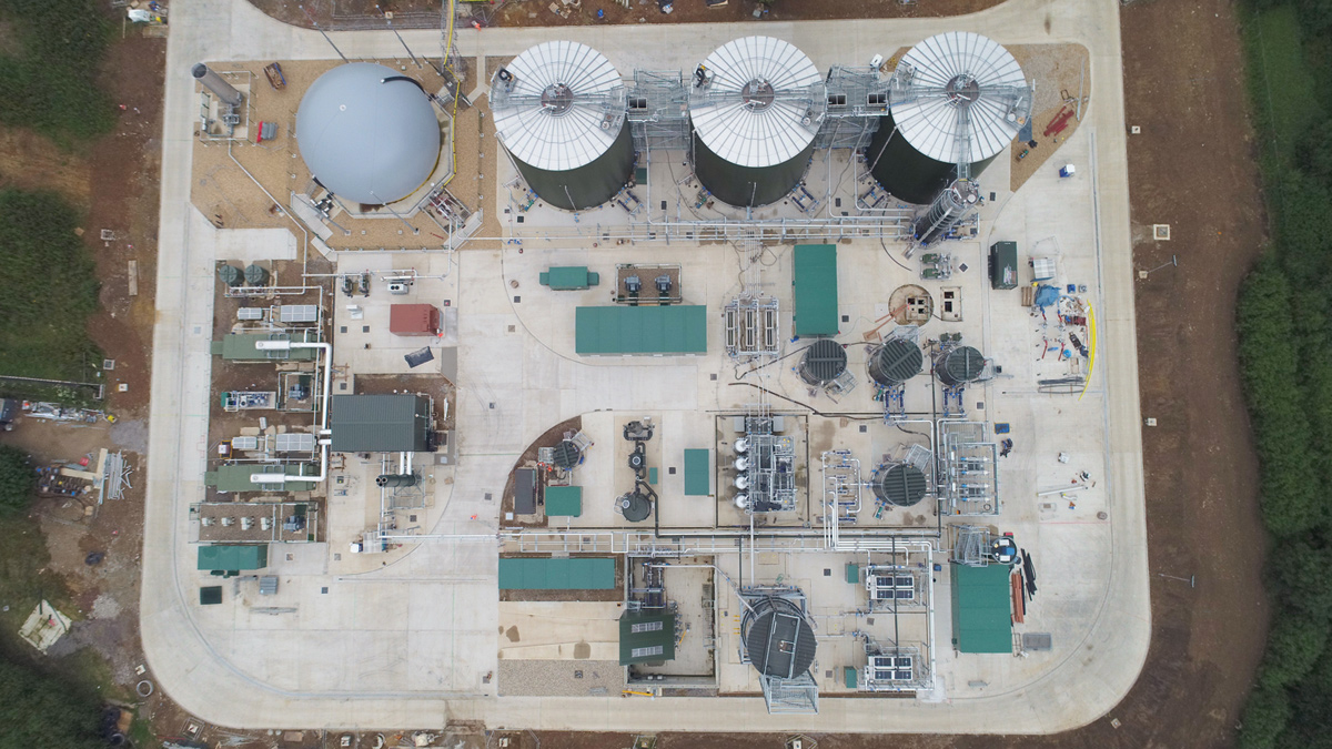 Aerial view of energy infrastructure spanning upstream and midstream operations