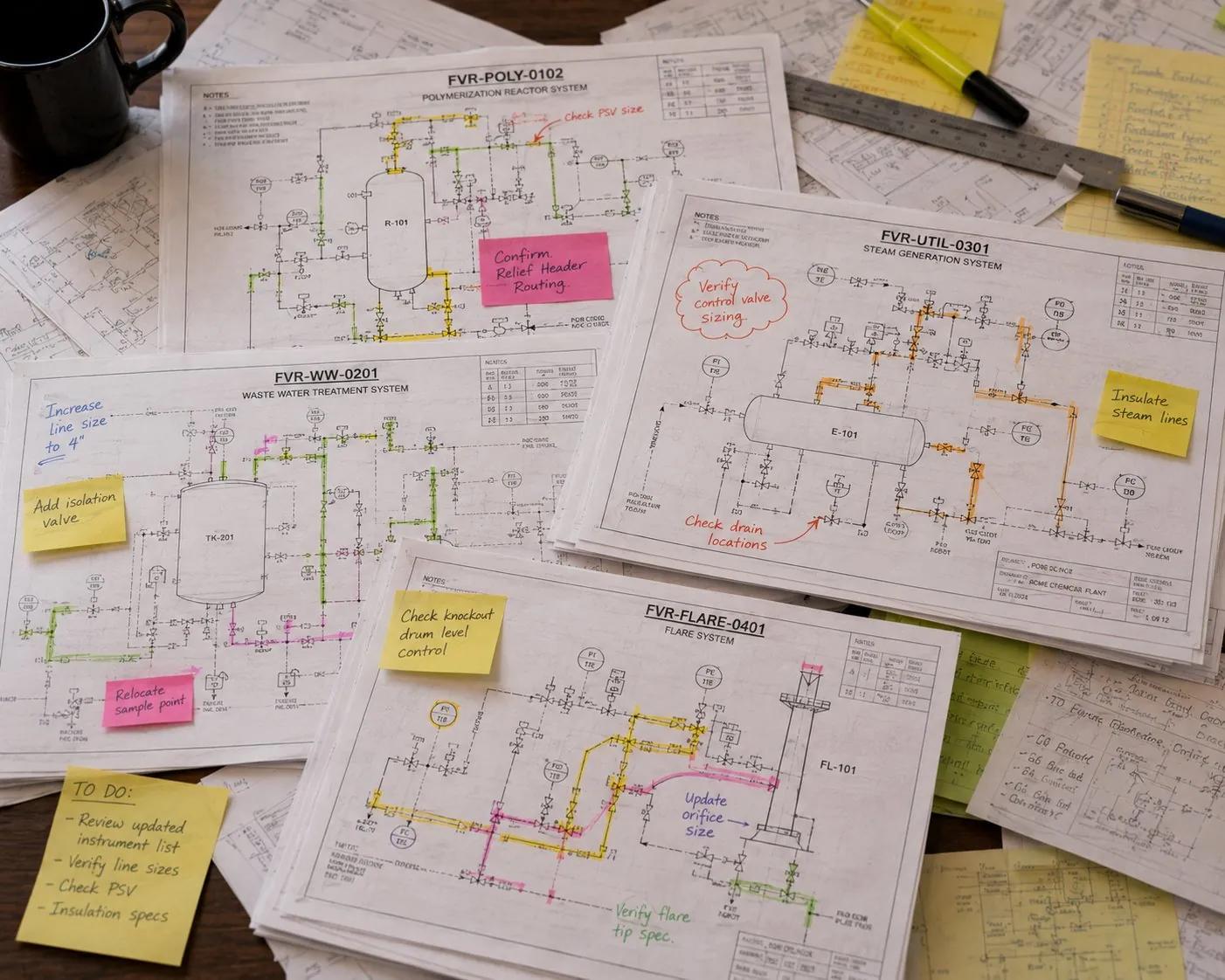 A desk covered in marked-up P&ID drawings: redlines, highlighter traces, and sticky-note action items like check PSV size and verify control valve sizing