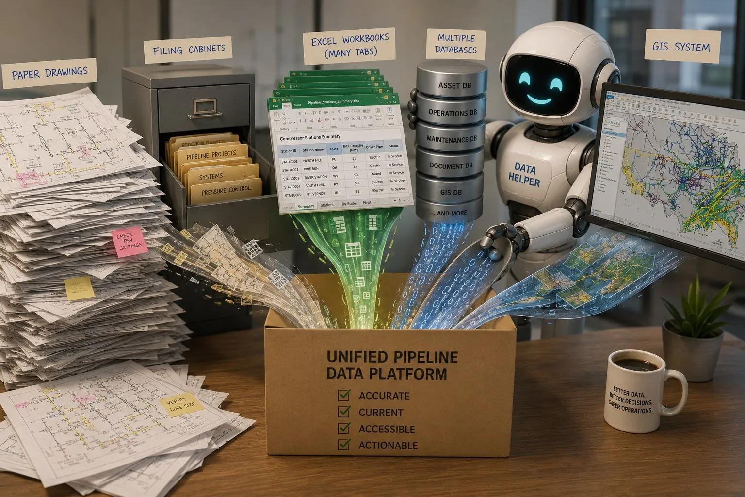 Paper drawings, filing cabinets, Excel workbooks, multiple databases, and a GIS system all flowing into one unified pipeline data platform that is accurate, current, accessible, and actionable