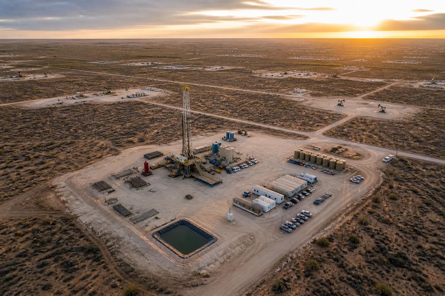 An upstream drilling rig representing the independent operator who can leapfrog the supermajor data-lake sequence with vertical AI on existing SCADA