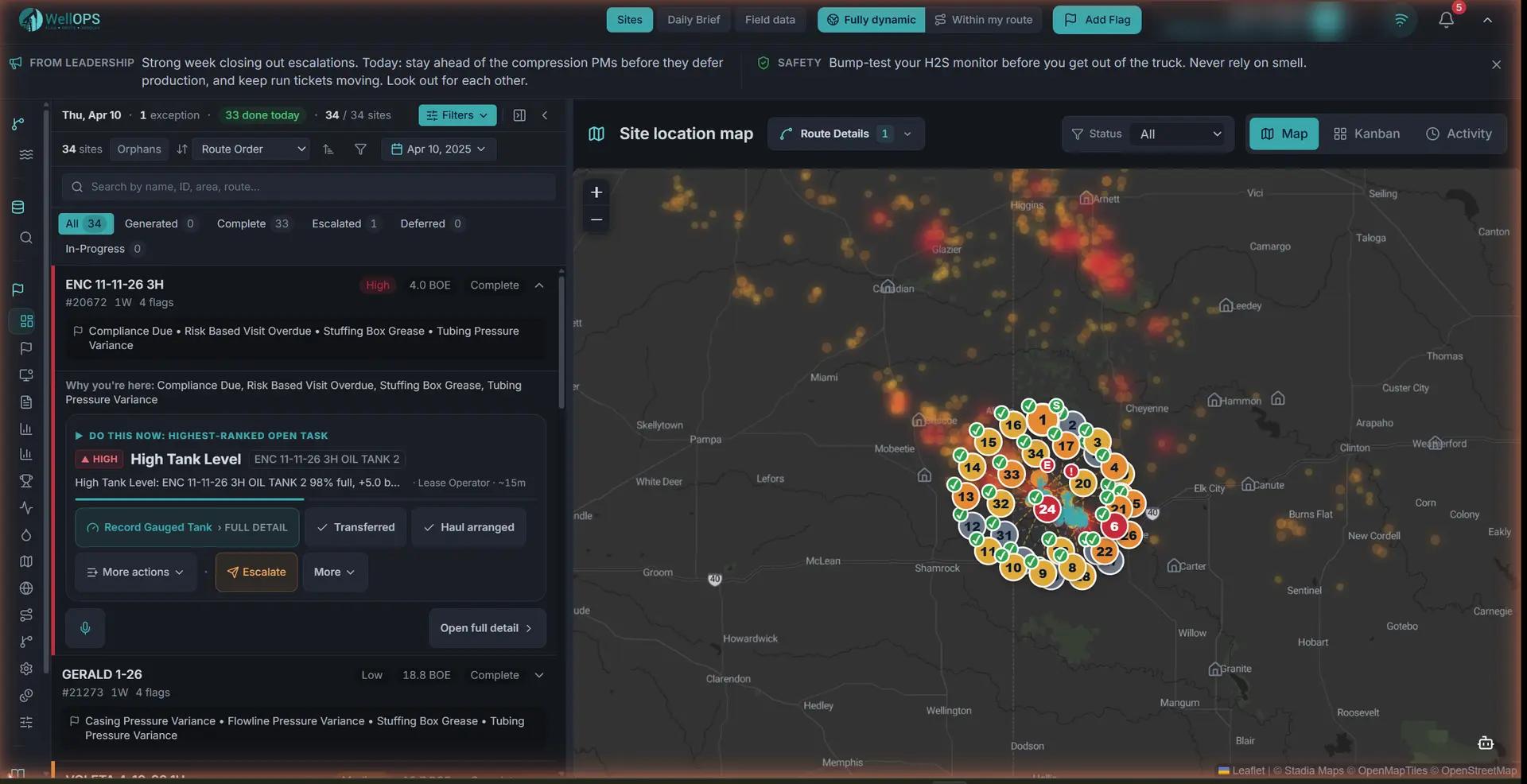 WellOPS ranked work plan: the day's site list with the highest-ranked open task expanded beside the live route map and production heatmap