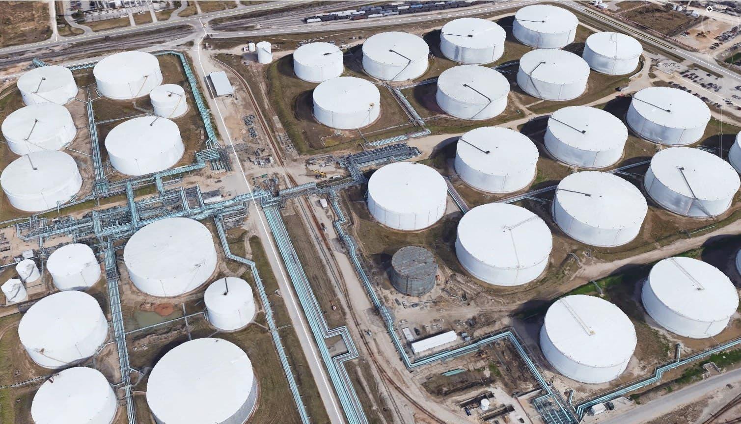 Aerial view of energy infrastructure spanning upstream and midstream operations