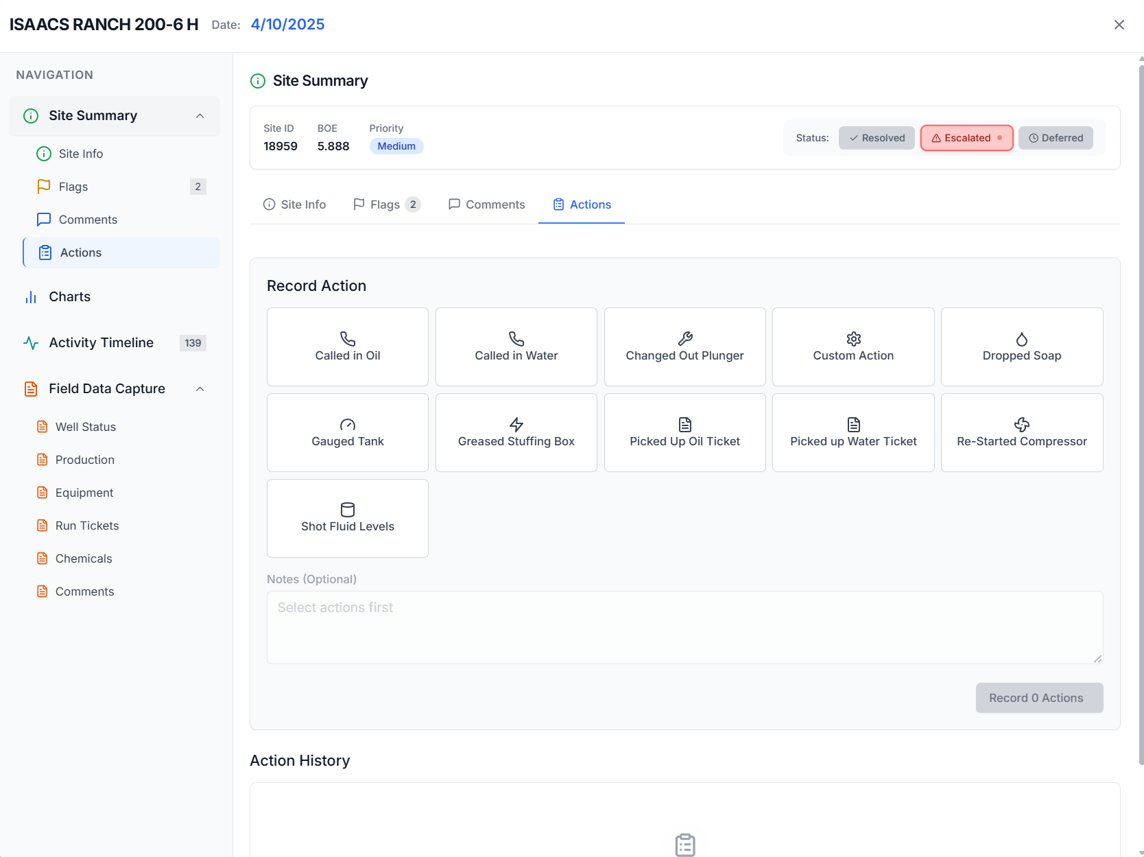 WorkSync Field Data Capture: action log with one-tap recording for common field actions