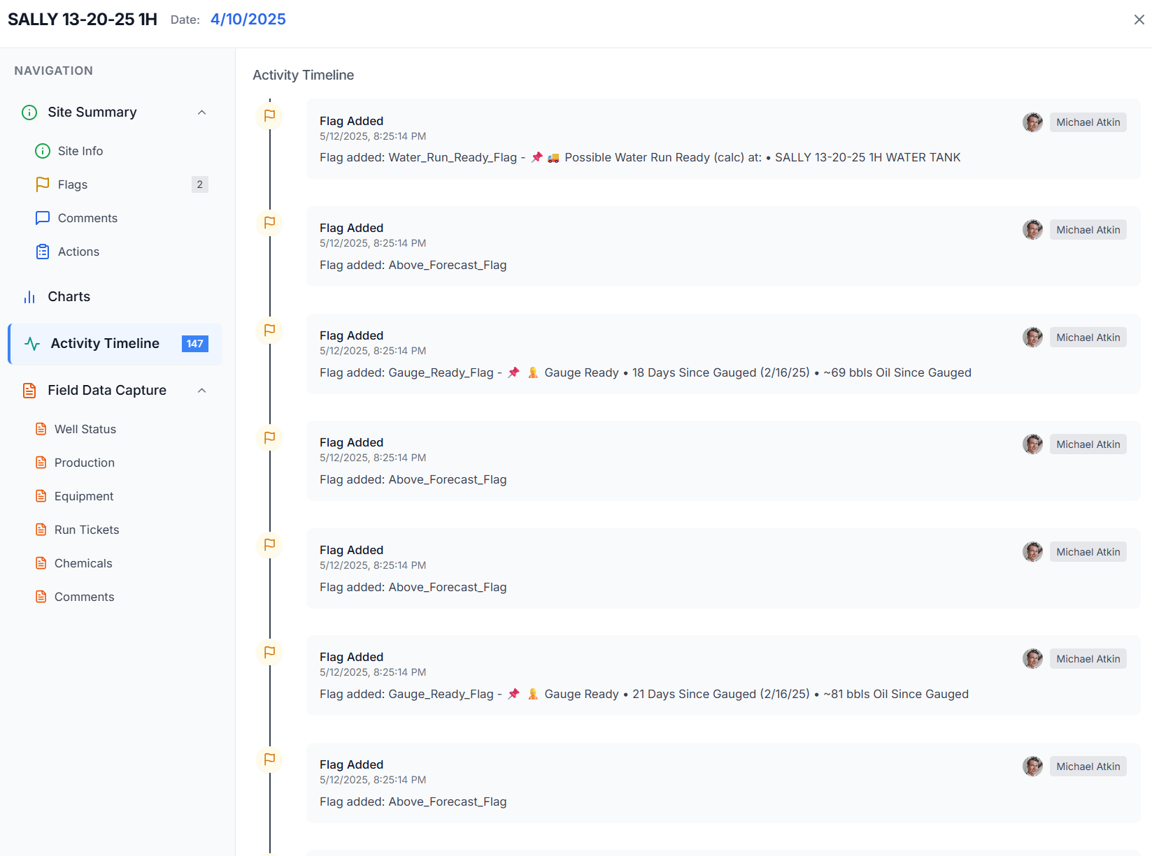 WorkSync Field Data Capture: activity timeline showing flags, alerts, and crew activity
