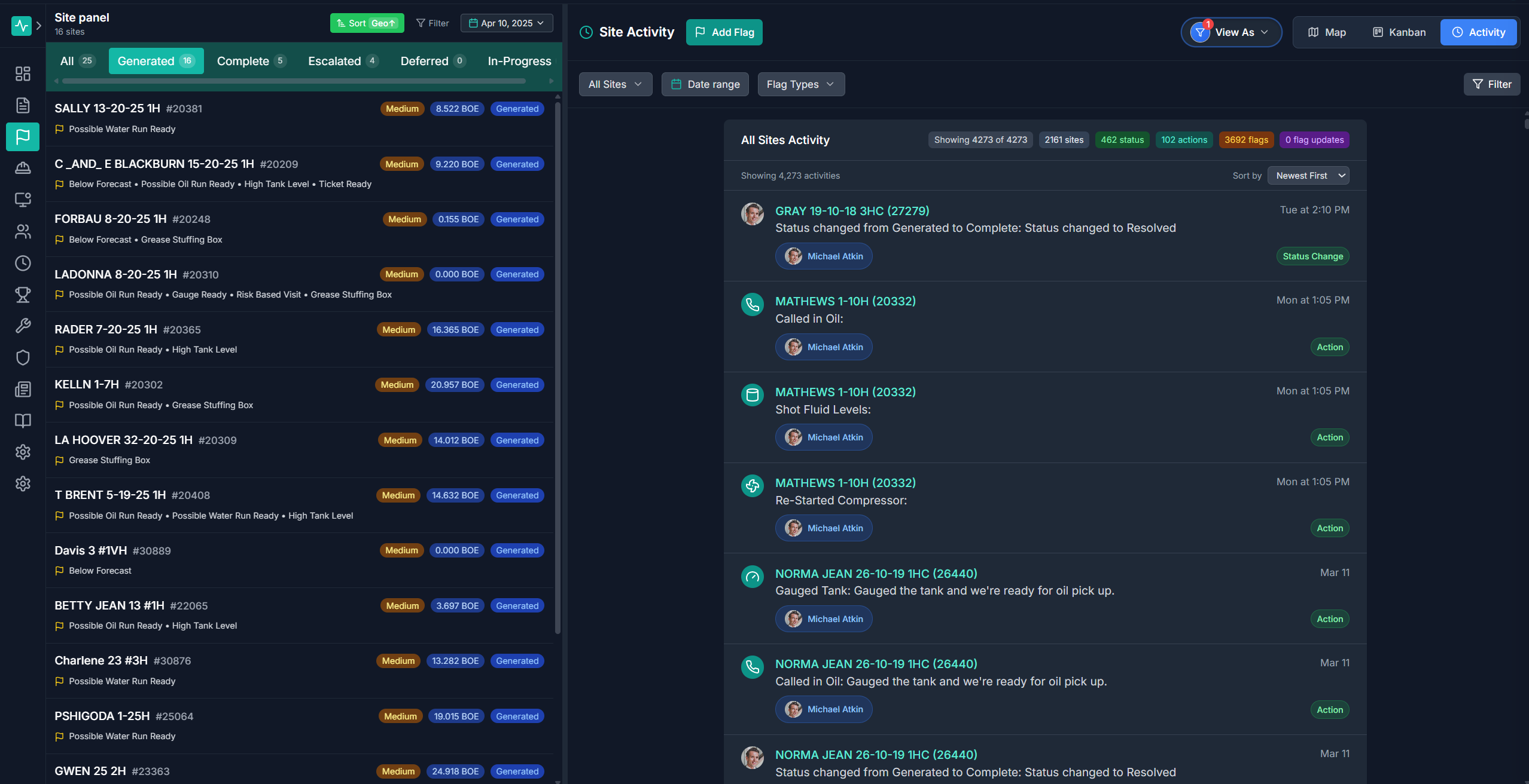 OPS real-time activity feed showing crew completions and field updates