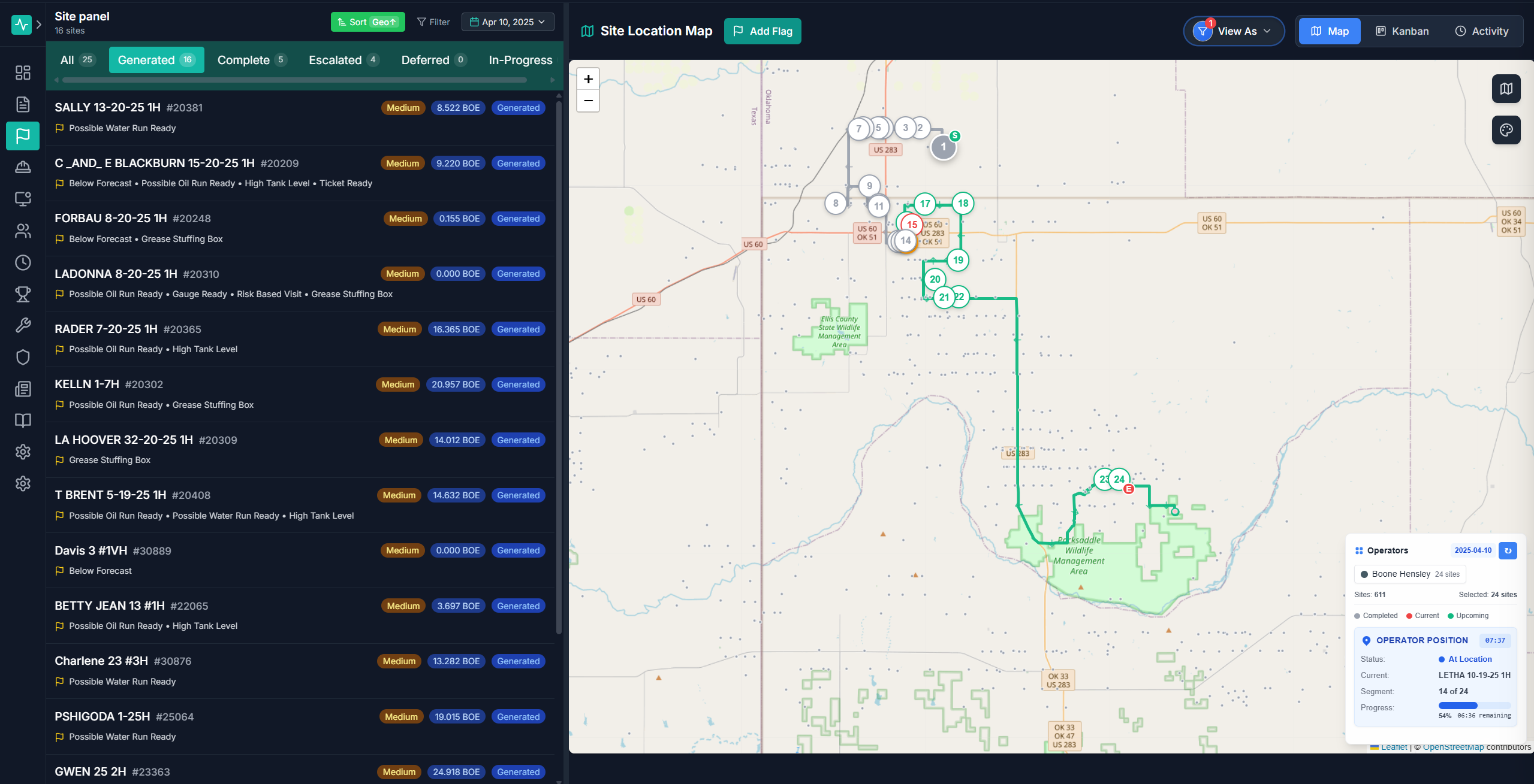 OPS optimized route map showing crew paths across field operations