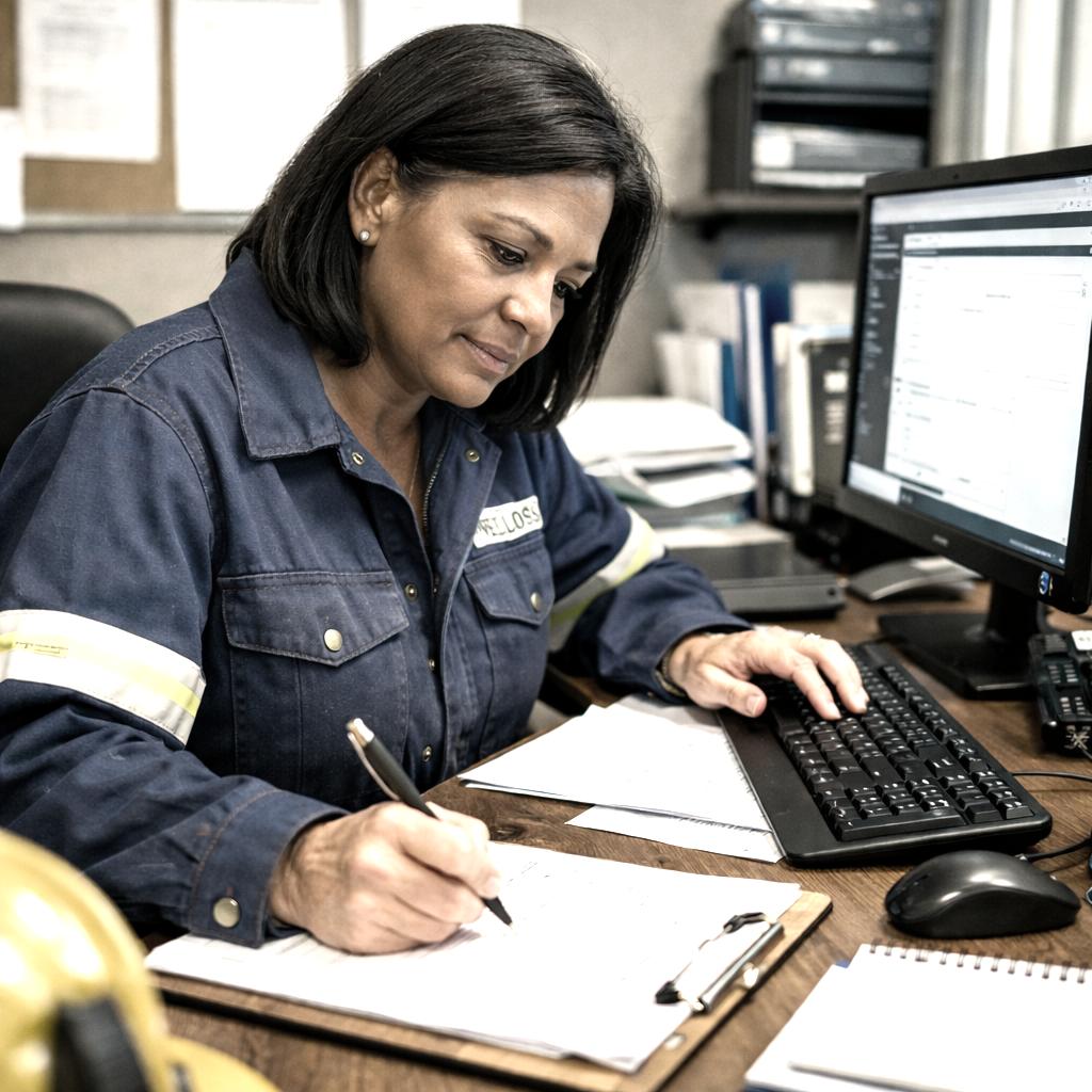 Field operator reviewing operational data and documenting work plans