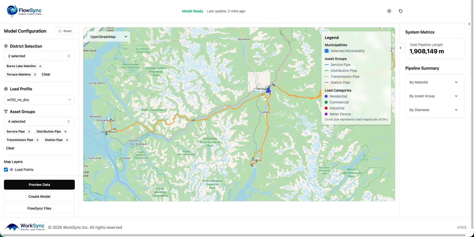 FlowSync transmission-system model preview: a live hydraulic model built from existing drawings