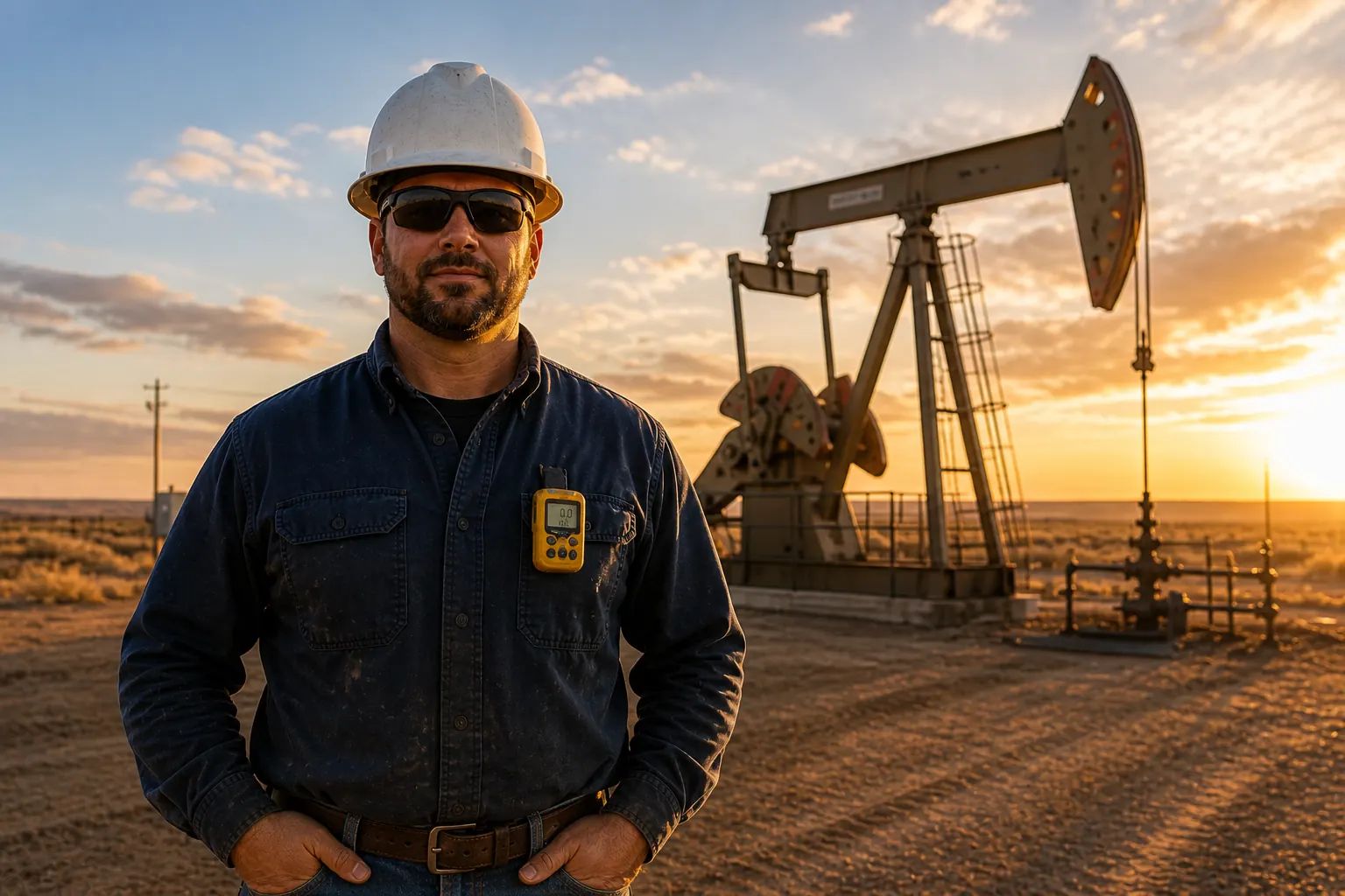A lease operator on a caliche well pad at sunset in a hard hat, safety glasses and a flame-resistant shirt, a personal gas monitor clipped to his pocket, with a pumping unit and wellhead tree behind him