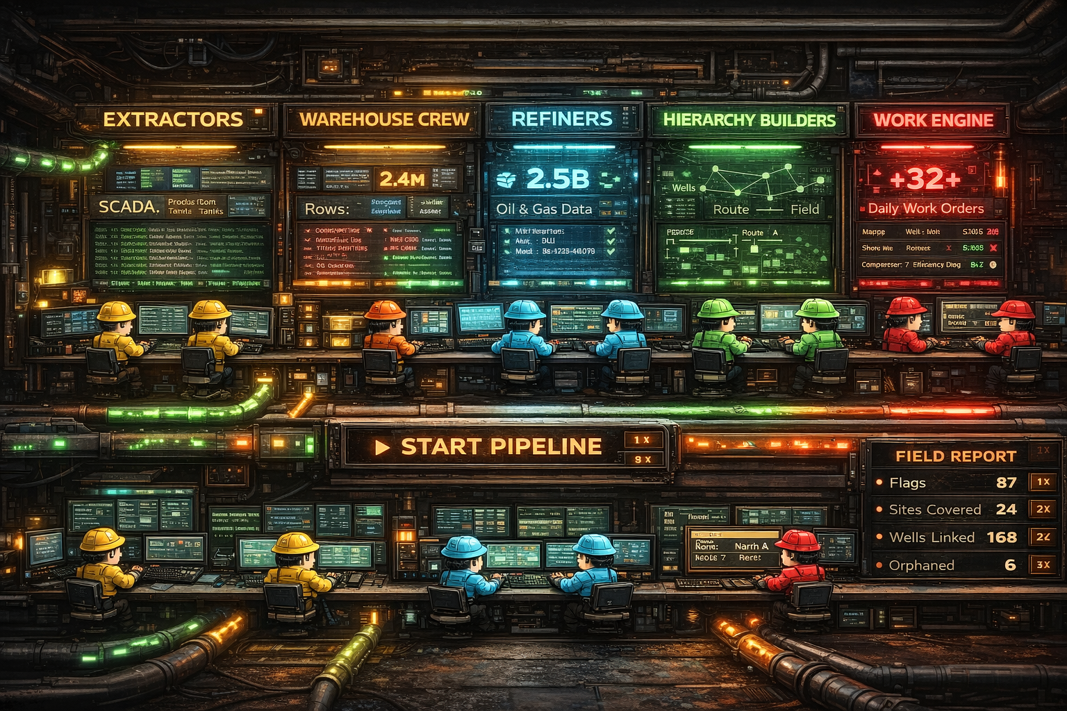 WorkSync AI agent pipeline: 12 specialized agents across 5 stations processing operational data into prioritized work plans