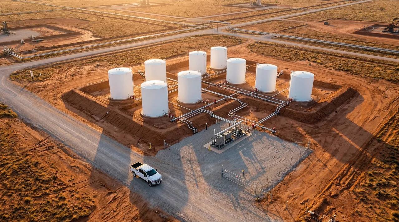 Aerial view of a tank battery with eight storage tanks inside a lined berm, a single field truck on the access road at sunrise