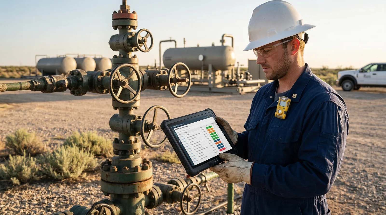 A field team member in hard hat, safety glasses, and FR coveralls working the day's ranked plan on a rugged tablet held in both hands at a wellhead, separator and tanks behind