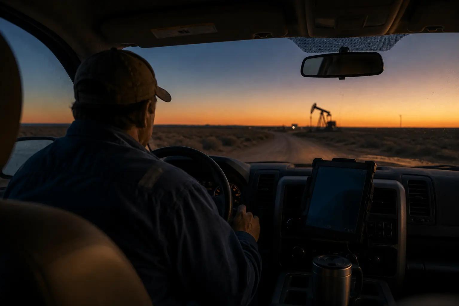 Lease Operator driving a field road at dawn with a tablet mounted in the truck cab and a pumpjack on the horizon