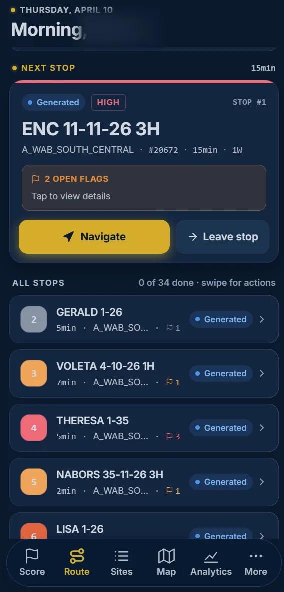 The WellOPS route screen on a phone: the next stop with its open flags and a navigate action, above the rest of the day in route order