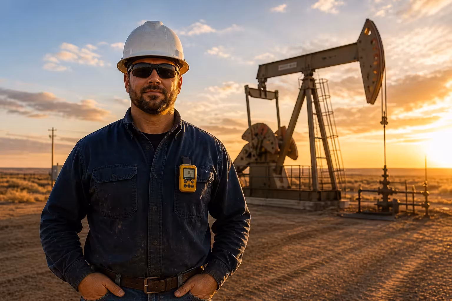 A field team member in hard hat, safety glasses, and FR shirt standing at a pumpjack at sunset