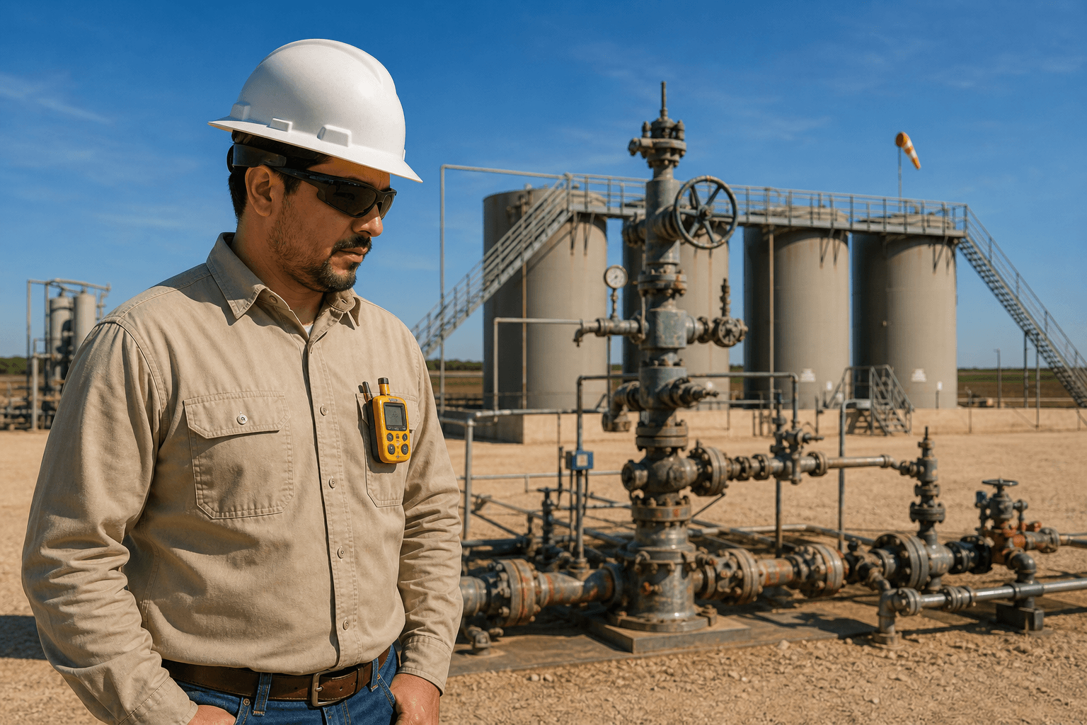 A field operator at a wellhead and tank battery, gas detector clipped to FR shirt, ready to capture a gauge reading