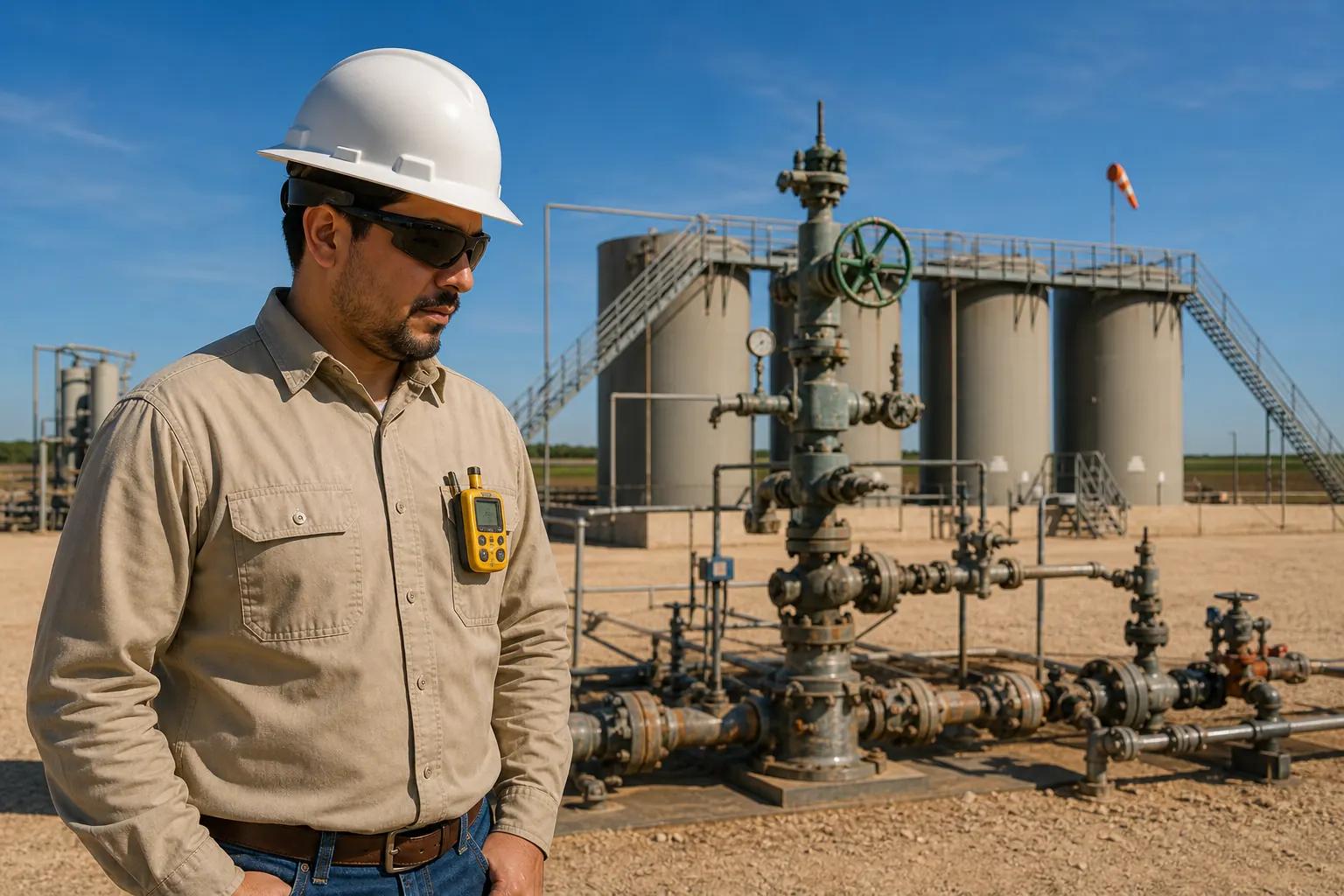 A field operator at a wellhead and tank battery, gas detector clipped to FR shirt, ready to capture a gauge reading