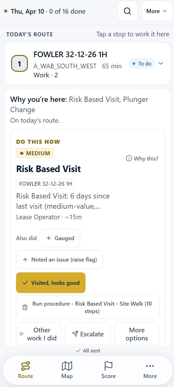 WellOPS on a phone: today’s route with the first stop open, why the crew is there, and the do-this-now task with its one-tap outcomes (synthetic demo data)