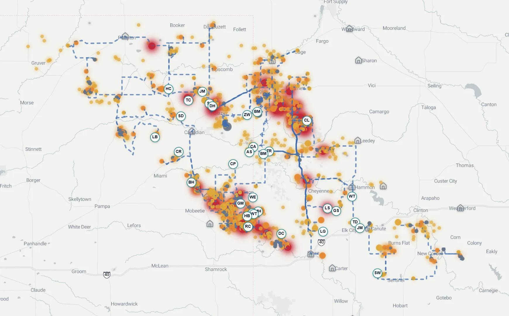 WellOPS fleet route view: every crew's value-ranked daily route drawn across the basin over the production heatmap