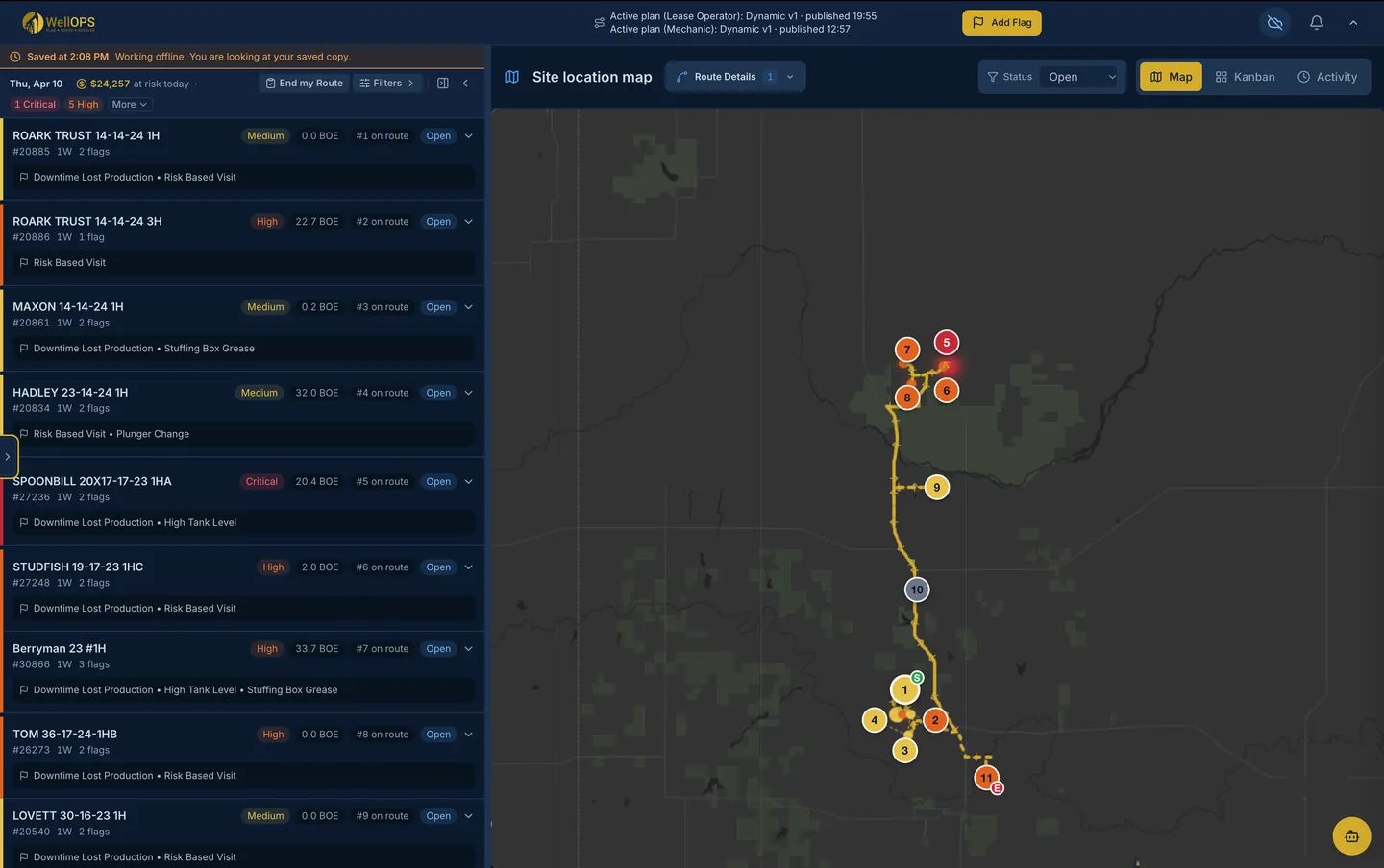 The WellOPS operator route view: the day’s sites ranked in the list with their flags and BOE at risk, beside the numbered stops of the route on the field map (synthetic demo data)