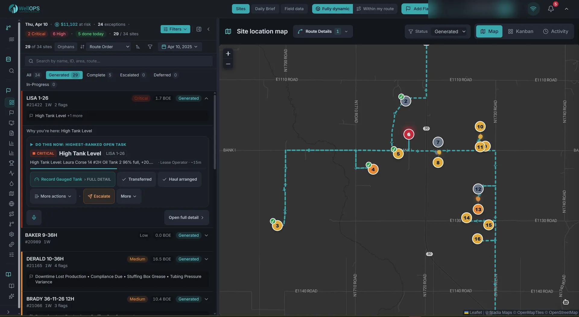 WellOPS Route Optimizer: the ranked work list sequenced into a numbered crew route on the live field map