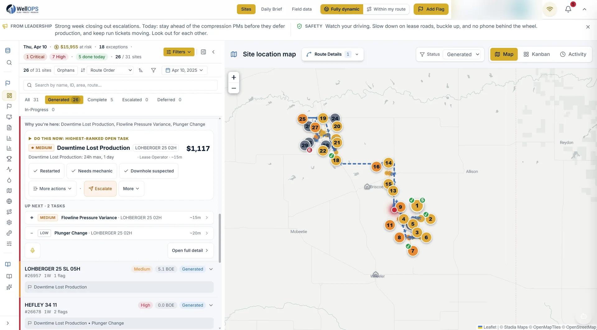 WellOPS route view: the ranked site list on the left with the highest-ranked open task expanded, beside a map of the same day plotted and numbered in route order