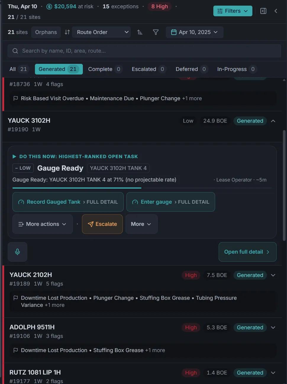 WellOPS ranked site panel showing flagged exceptions by type and priority with the highest-ranked task ready to work or escalate