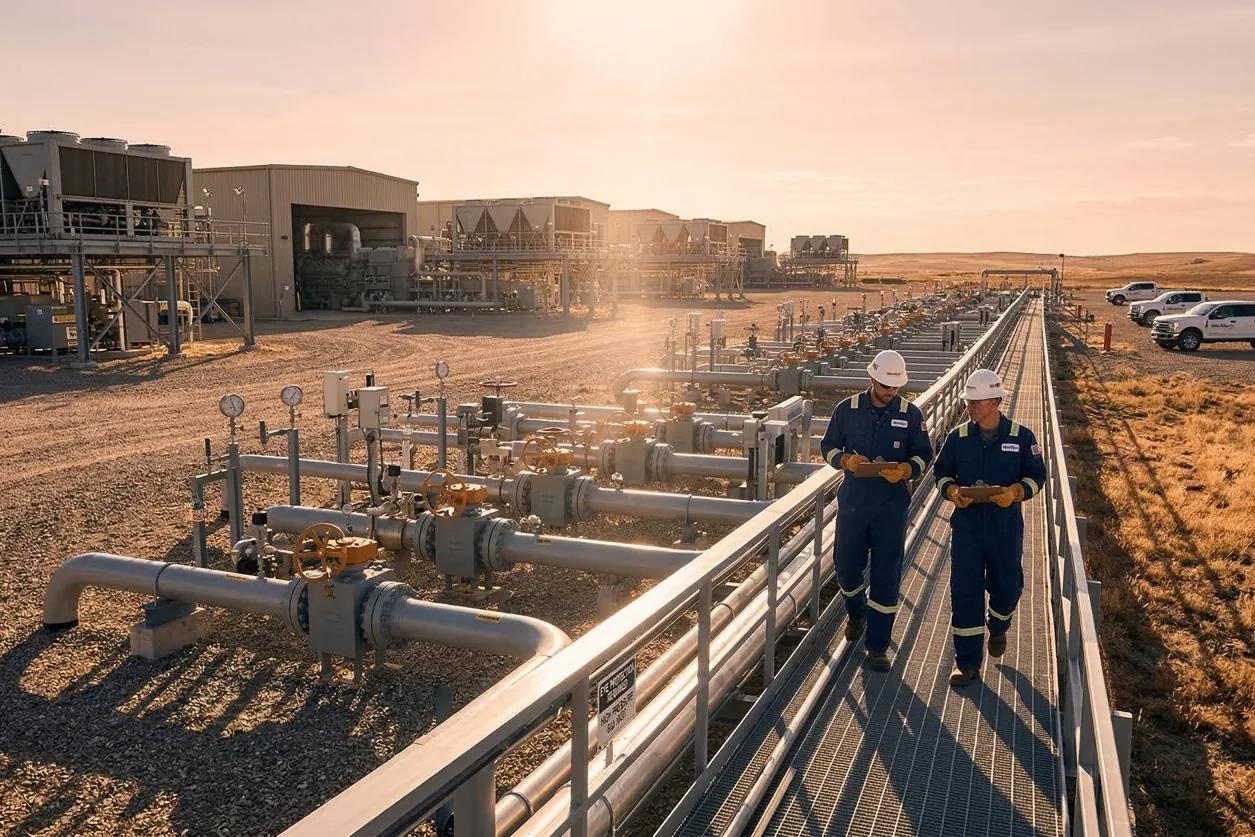 Two operators walking a gas plant catwalk at first light, gauges and piping either side